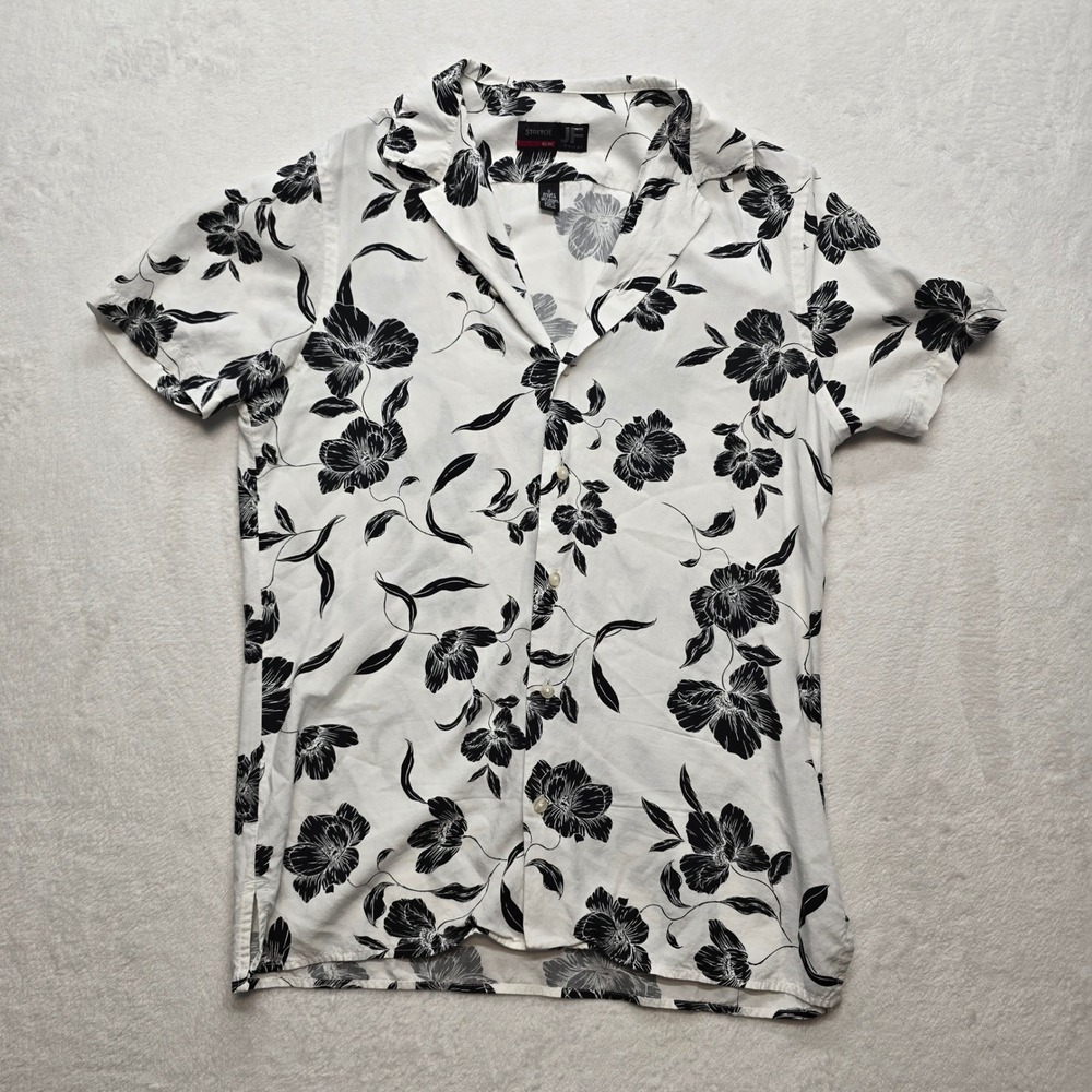JF J.Ferrar Floral Button Up Shirt Slim Fit Black White Men S Hawaiian